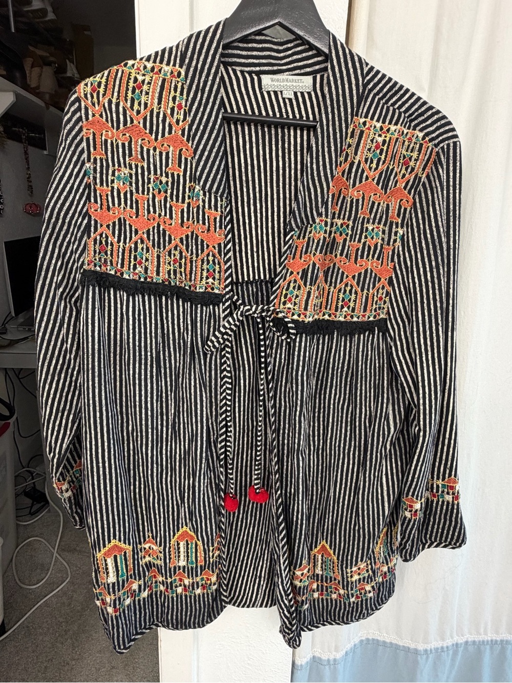 World Market Black & White Striped Embroidered Tie-Front Tunic/cardigan/ jacket